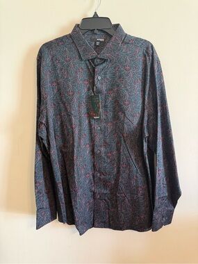 Murano Men's Floral Button-Down Shirt - Teal & Maroon Accents